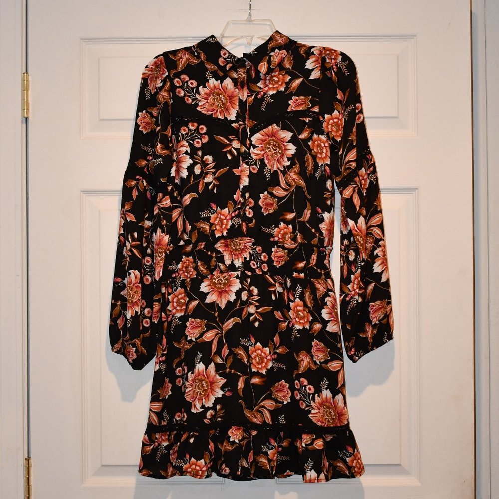 Max+Ash Women's Black Floral Long Sleeve Elastic Waist Ruffle Hem Dress Size S